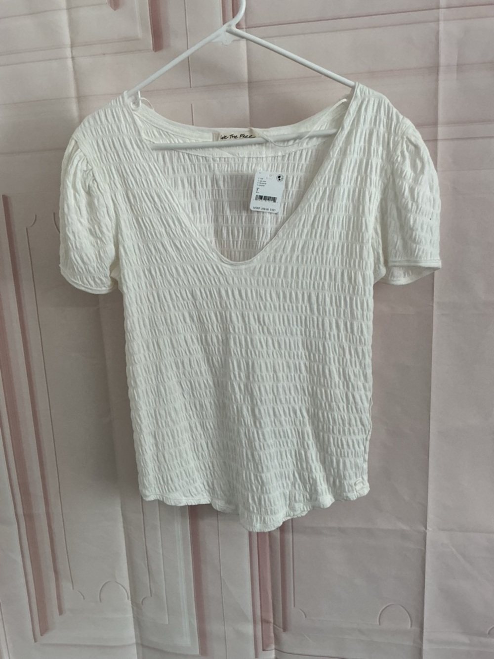 We The Free White Crinkle V-Neck Short Sleeve Top